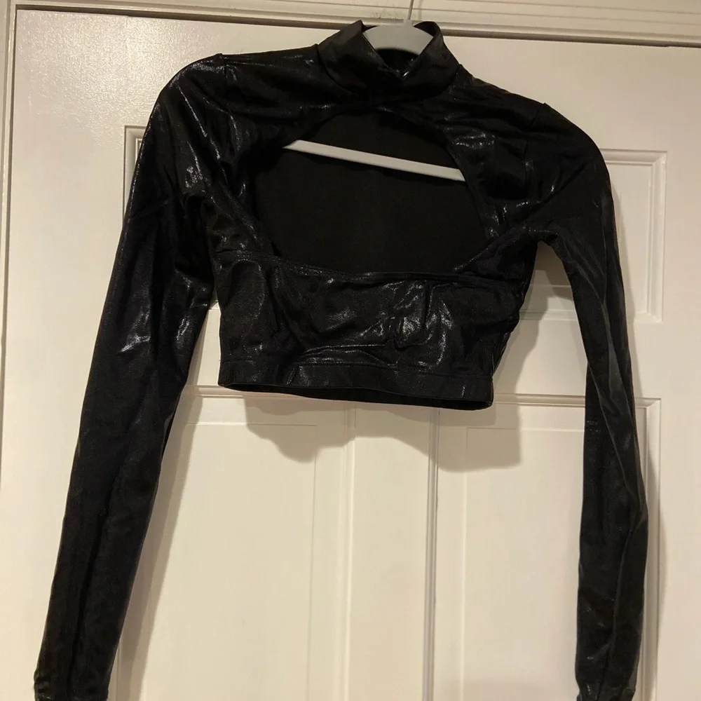 Balera Premium Metallic Long Sleeve Crop Top Black Mock Neck Open Back